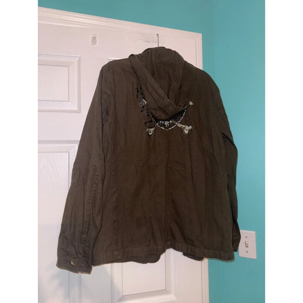 Twice Mens Hooded Field Jacket Olive Green Skull Graphic Studded Utility Coat L